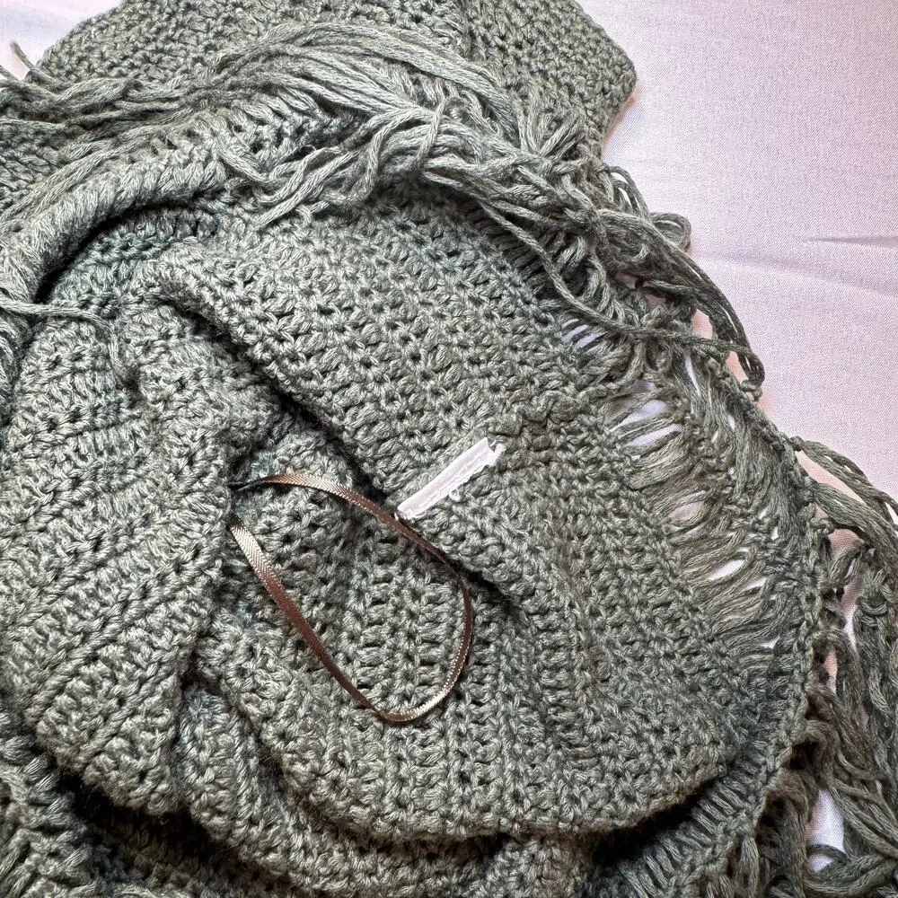 Olive Green Crochet Fringe Hem Tank Top Boho Festival Knit Women's Small Indie - Picture 9 of 11